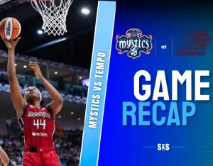 An athlete in a red basketball uniform shooting a basketball during a game, with text indicating "Mystics vs Tempo" and "Game Recap."