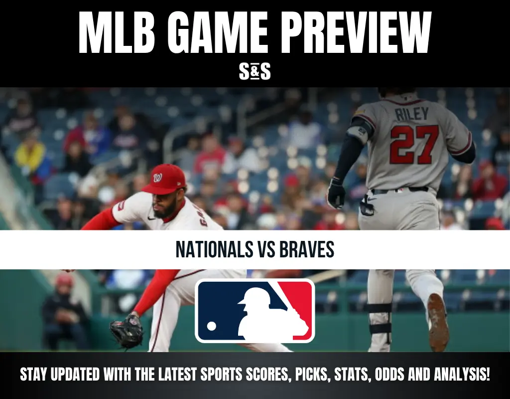 MLB GAME PREVIEW with a focus on the Nationals vs Braves match, featuring the MLB logo and a call to stay updated with the latest sports scores, picks, stats, odds, and analysis.