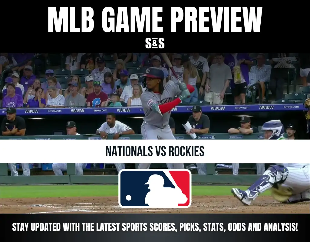 MLB game preview for Nationals vs Rockies showing a batter at the plate and a catcher ready to catch the pitch.