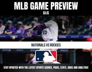 Baseball player in white pinstripe jersey swings bat as ball approaches, with text: "MLB Game Preview Nationals vs Rockies."