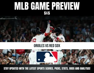 MLB game preview for Orioles vs Red Sox with players celebrating and a crowd in the background, featuring the MLB logo.