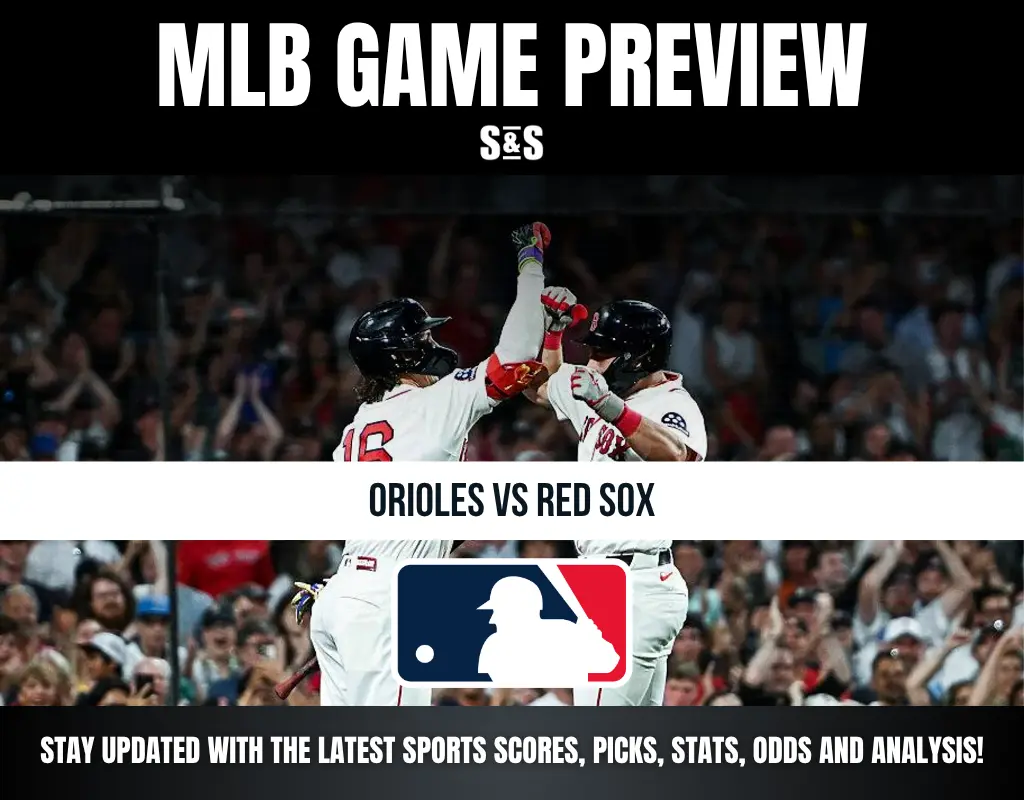 MLB game preview for Orioles vs Red Sox with players celebrating and a crowd in the background, featuring the MLB logo.