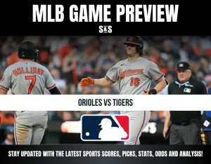 MLB game preview for Orioles vs Tigers featuring two Orioles players and an umpire on the field during a game.