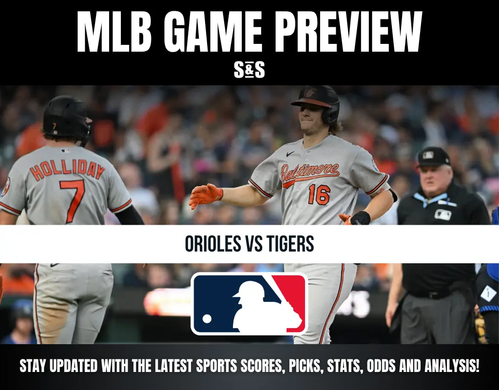 MLB game preview for Orioles vs Tigers featuring two Orioles players and an umpire on the field during a game.