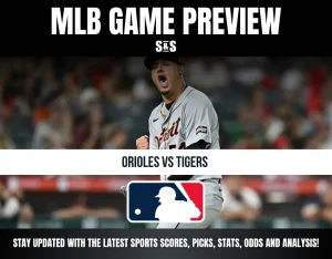 MLB game preview for Orioles vs Tigers featuring a Detroit Tigers player celebrating, with MLB logo and sports updates info.