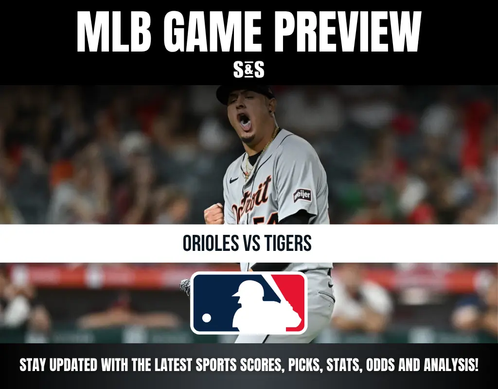 MLB game preview for Orioles vs Tigers featuring a Detroit Tigers player celebrating, with MLB logo and sports updates info.
