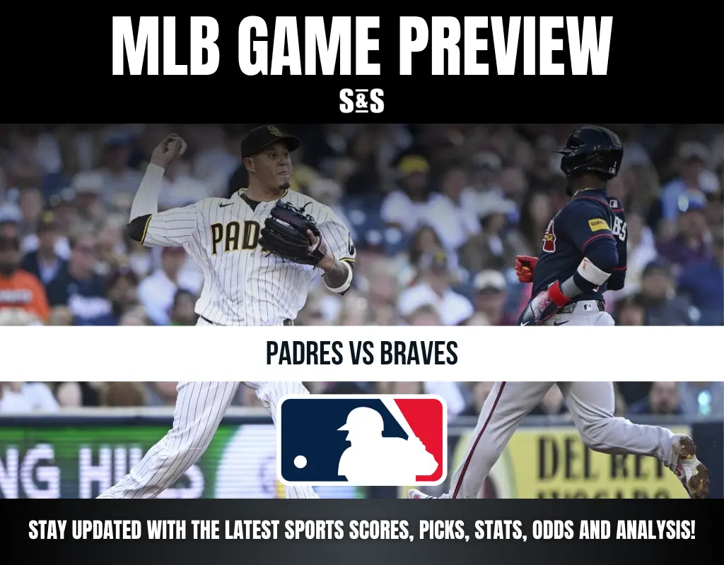 MLB game preview featuring Padres pitcher throwing to Braves batter during a game, with logos and text overlay.