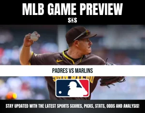 MLB game preview for Padres vs Marlins featuring a Padres pitcher in mid-throw with MLB logo and sports update info.