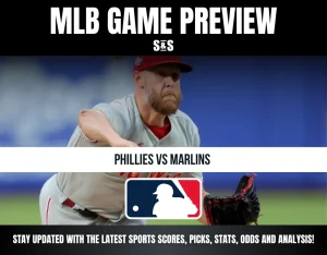 Baseball player pitching in a Phillies vs Marlins MLB game preview graphic with league logo and update info.