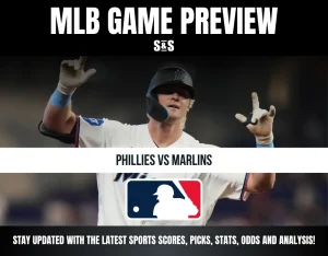 Baseball player in Miami Marlins uniform celebrates, with text previewing Phillies vs Marlins MLB game and sports update info.