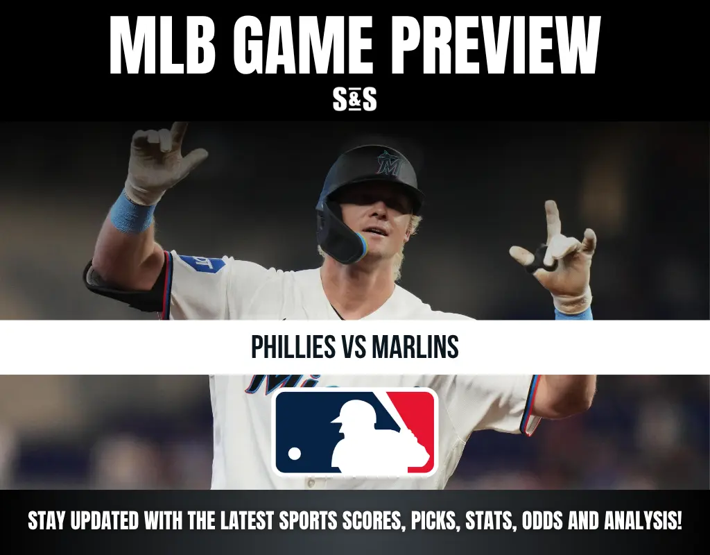 Baseball player in Miami Marlins uniform celebrates, with text previewing Phillies vs Marlins MLB game and sports update info.