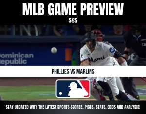 Baseball game preview for Phillies vs Marlins with a player in Miami uniform running and the MLB logo below.