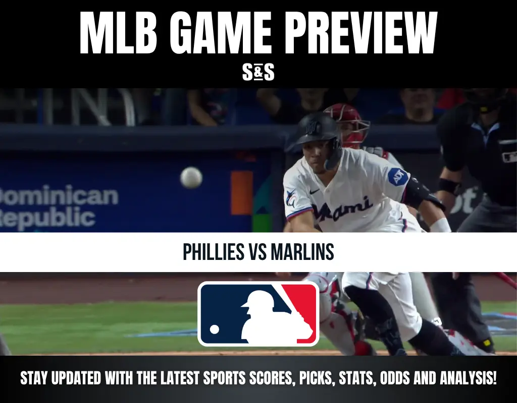 Baseball game preview for Phillies vs Marlins with a player in Miami uniform running and the MLB logo below.