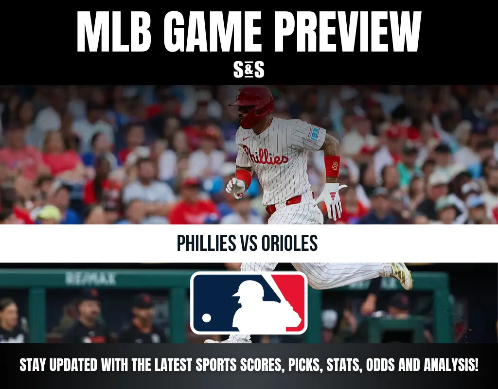 Alt text: MLB Game Preview featuring Phillies vs Orioles with a Phillies player running during a game and MLB logo in the center.
