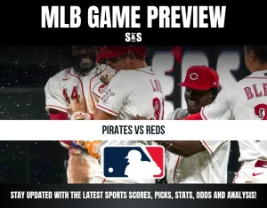 MLB game preview showing Cincinnati Reds players celebrating with text "Pirates vs Reds" and MLB logo in the center.
