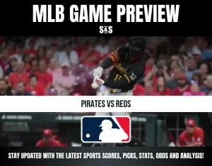 Baseball player in Pittsburgh Pirates uniform swinging bat, with text promoting Pirates vs Reds MLB game preview.