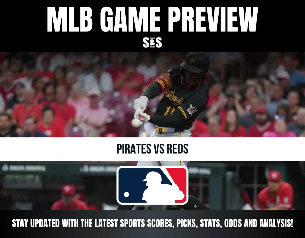 Baseball player in Pittsburgh Pirates uniform swinging bat, with text promoting Pirates vs Reds MLB game preview.