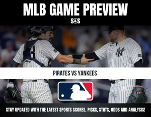MLB game preview for Pirates vs Yankees showing two Yankees players in pinstripe uniforms shaking hands on the field.