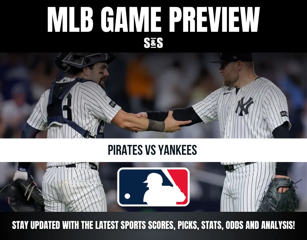 MLB game preview for Pirates vs Yankees showing two Yankees players in pinstripe uniforms shaking hands on the field.