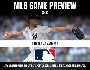 MLB game preview for Pirates vs Yankees featuring a Yankees pitcher in action, with the MLB logo and sports update announcement.