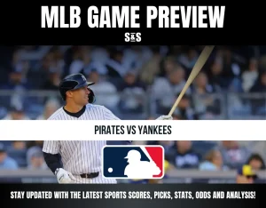 MLB game preview for Pirates vs Yankees with a player in a Yankees uniform swinging a bat, featuring MLB logo and sports update info.