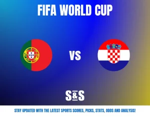 FIFA World Cup match promotion showing Portugal vs Croatia with a gradient blue and yellow background.