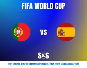 FIFA World Cup match preview featuring Portugal vs Spain, with a gradient blue and yellow background and sports update prompt.