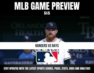 MLB game preview featuring a Tampa Bay Rays player pitching, promoting Rangers vs Rays matchup with sports updates and analysis.