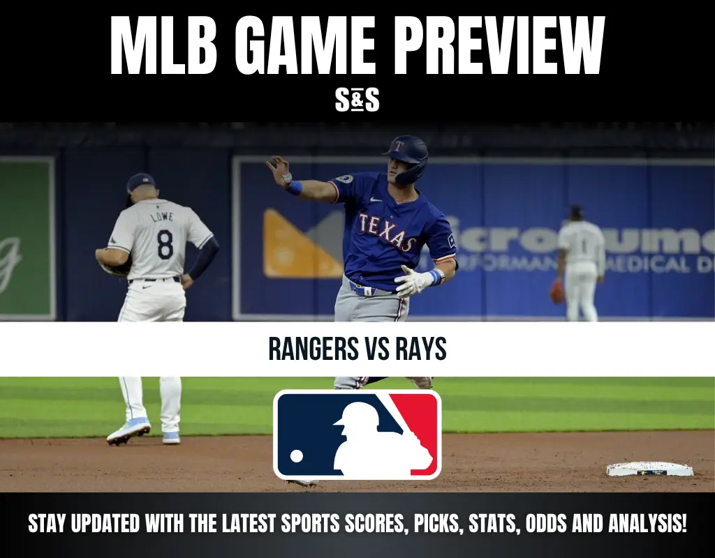 MLB game preview image featuring Texas Rangers player on base, Tampa Bay Rays players, and game promotion text.
