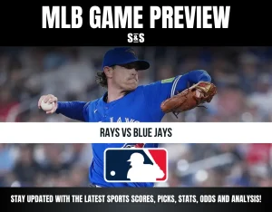 MLB game preview featuring a Blue Jays pitcher in action pitching against the Rays, with game details and MLB logo.