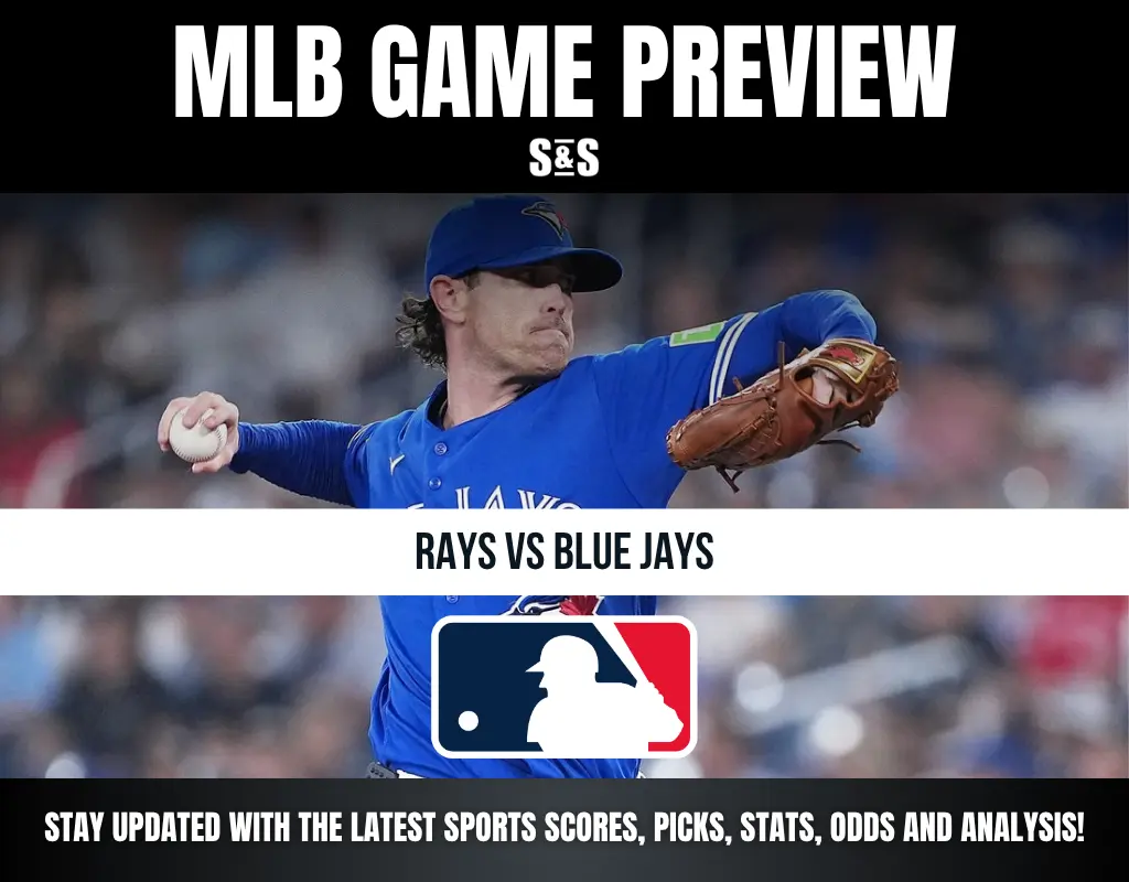 MLB game preview featuring a Blue Jays pitcher in action pitching against the Rays, with game details and MLB logo.
