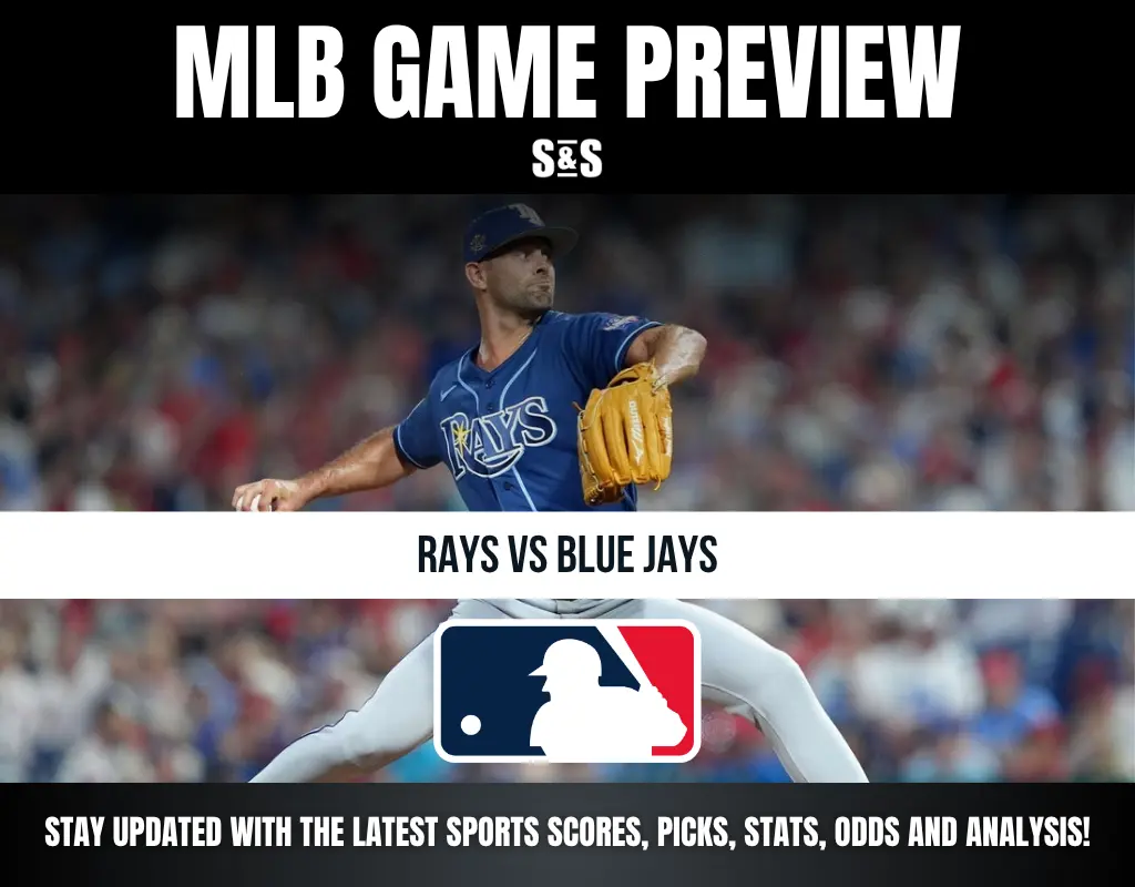 Baseball game preview featuring a Tampa Bay Rays pitcher in action versus the Toronto Blue Jays, with MLB logo and game details.