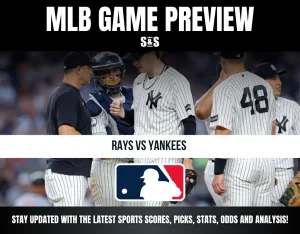 MLB game preview for Rays vs Yankees featuring Yankees players and coach in conversation on the field, with MLB logo and update info.