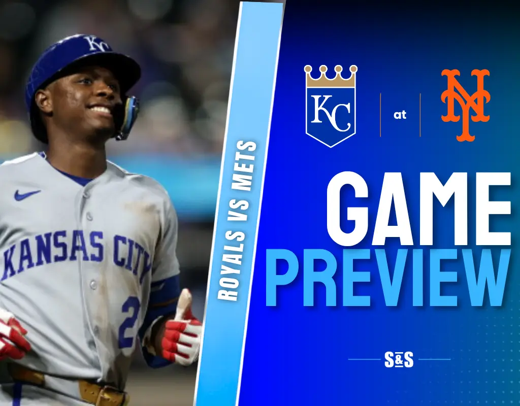 Royals vs Mets game preview featuring a Kansas City player celebrating.