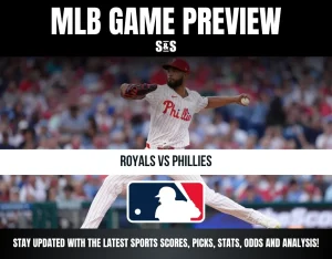Baseball pitcher in Phillies uniform mid-throw in a packed stadium; text overlay announces Royals vs Phillies MLB game preview.