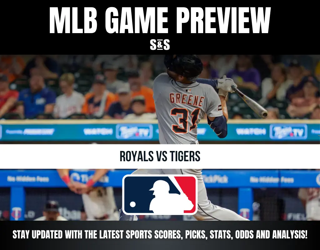 Baseball player Greene (#31) swinging bat during MLB game preview for Royals vs Tigers with fan crowd in background.