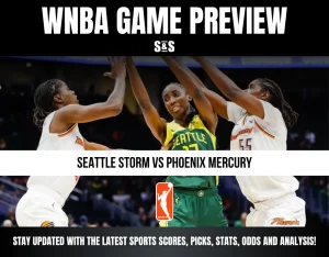 Two Seattle Storm players in green and one Phoenix Mercury player in white contest a basketball shot during a WNBA game preview.