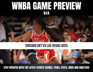 WNBA game preview for Chicago Sky vs Las Vegas Aces with an action shot of a player in red driving with the ball on the court.