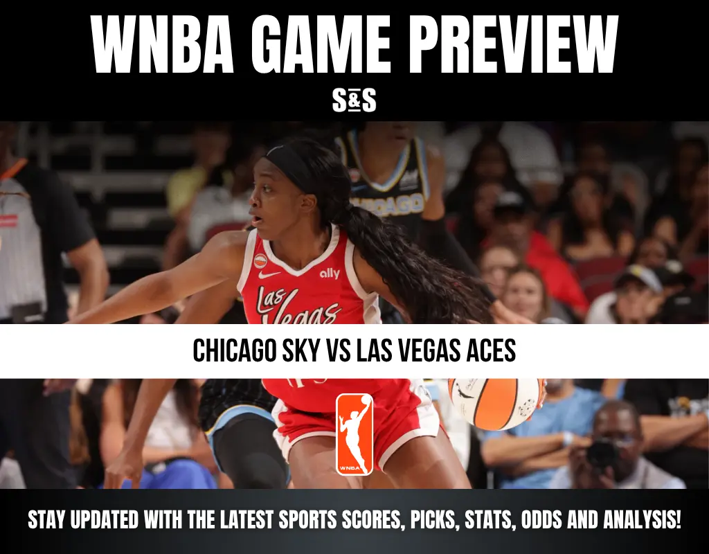 WNBA game preview for Chicago Sky vs Las Vegas Aces with an action shot of a player in red driving with the ball on the court.