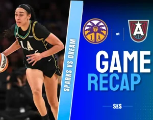 Sparks vs Dream game recap with a player in action on the court.