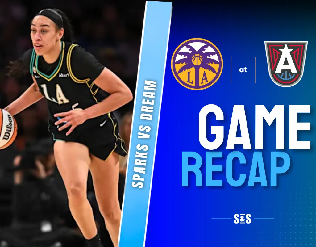 Sparks vs Dream game recap with a player in action on the court.