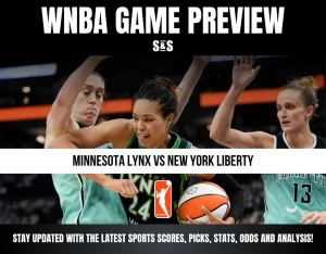 WNBA game preview featuring Minnesota Lynx player driving past New York Liberty defenders during a basketball match.