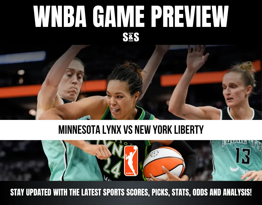 WNBA game preview featuring Minnesota Lynx player driving past New York Liberty defenders during a basketball match.