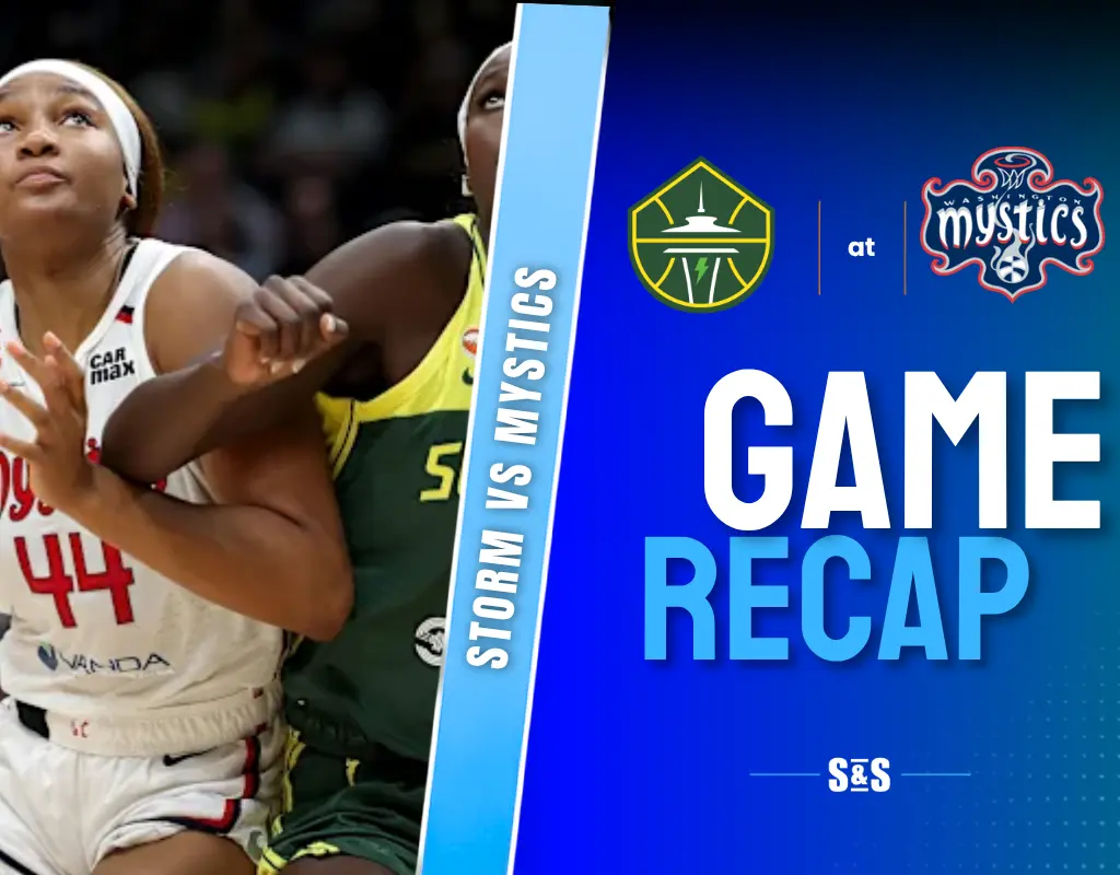 Storm vs Mystics game recap graphic featuring two basketball players.