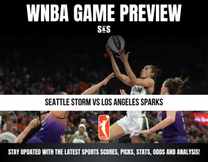 WNBA game preview featuring Seattle Storm player shooting over Los Angeles Sparks defenders during a match crowd in the background.