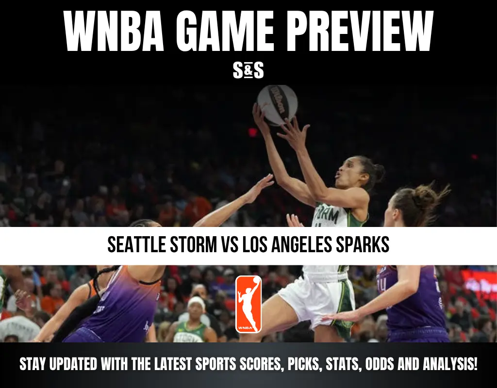 WNBA game preview featuring Seattle Storm player shooting over Los Angeles Sparks defenders during a match crowd in the background.