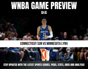 WNBA game preview for Connecticut Sun vs Minnesota Lynx featuring a Minnesota Lynx player in action on the court with fans in the background.