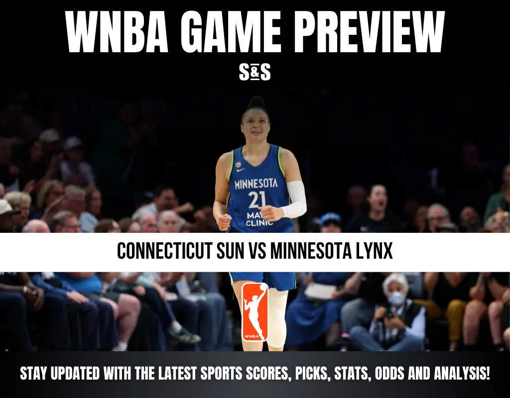 WNBA game preview for Connecticut Sun vs Minnesota Lynx featuring a Minnesota Lynx player in action on the court with fans in the background.