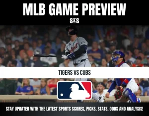 Baseball player from Tigers batting against Cubs catcher during an MLB game preview.