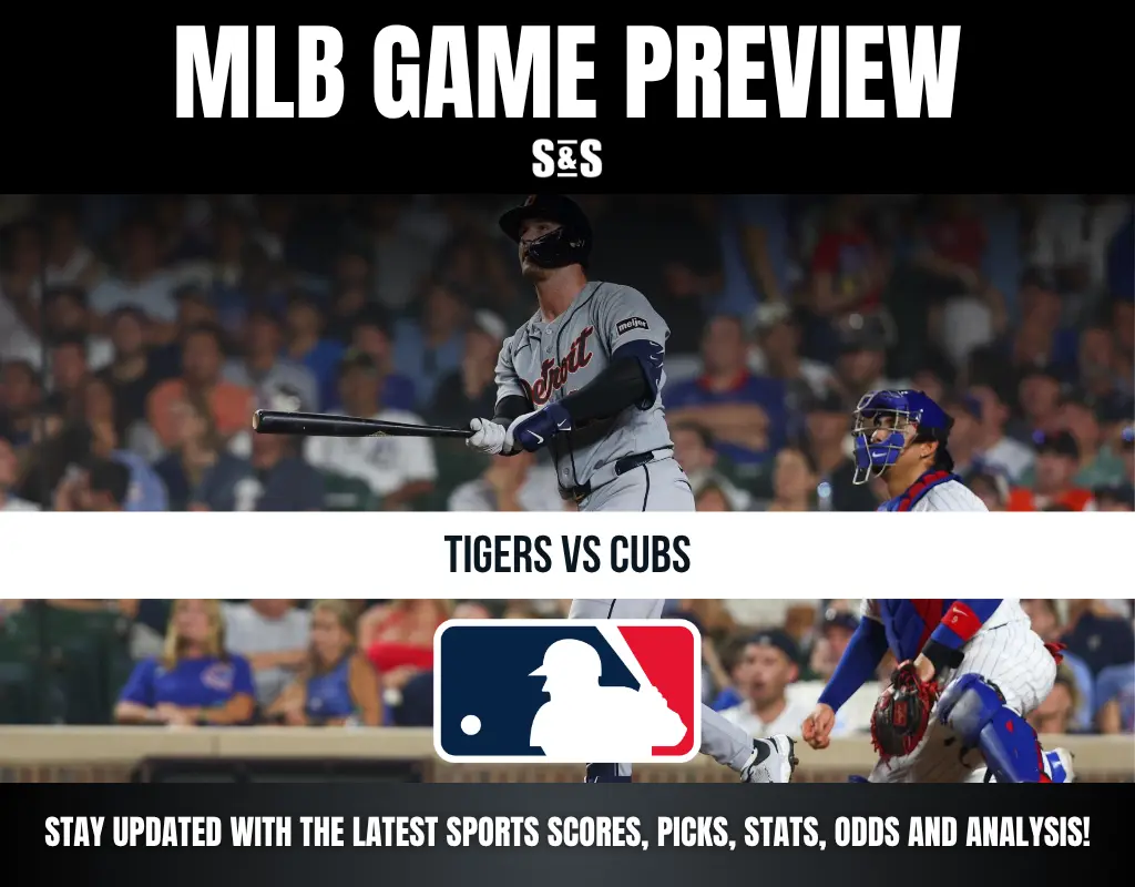 Baseball player from Tigers batting against Cubs catcher during an MLB game preview.